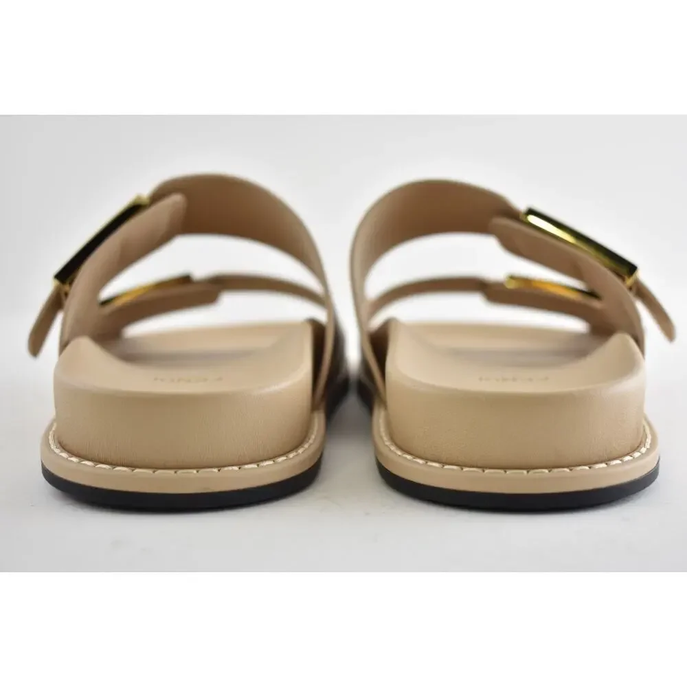 Fendi Feel Dual Strap Beige Leather Gold Logo Buckle Mule Flat Sandal Slide 39.5